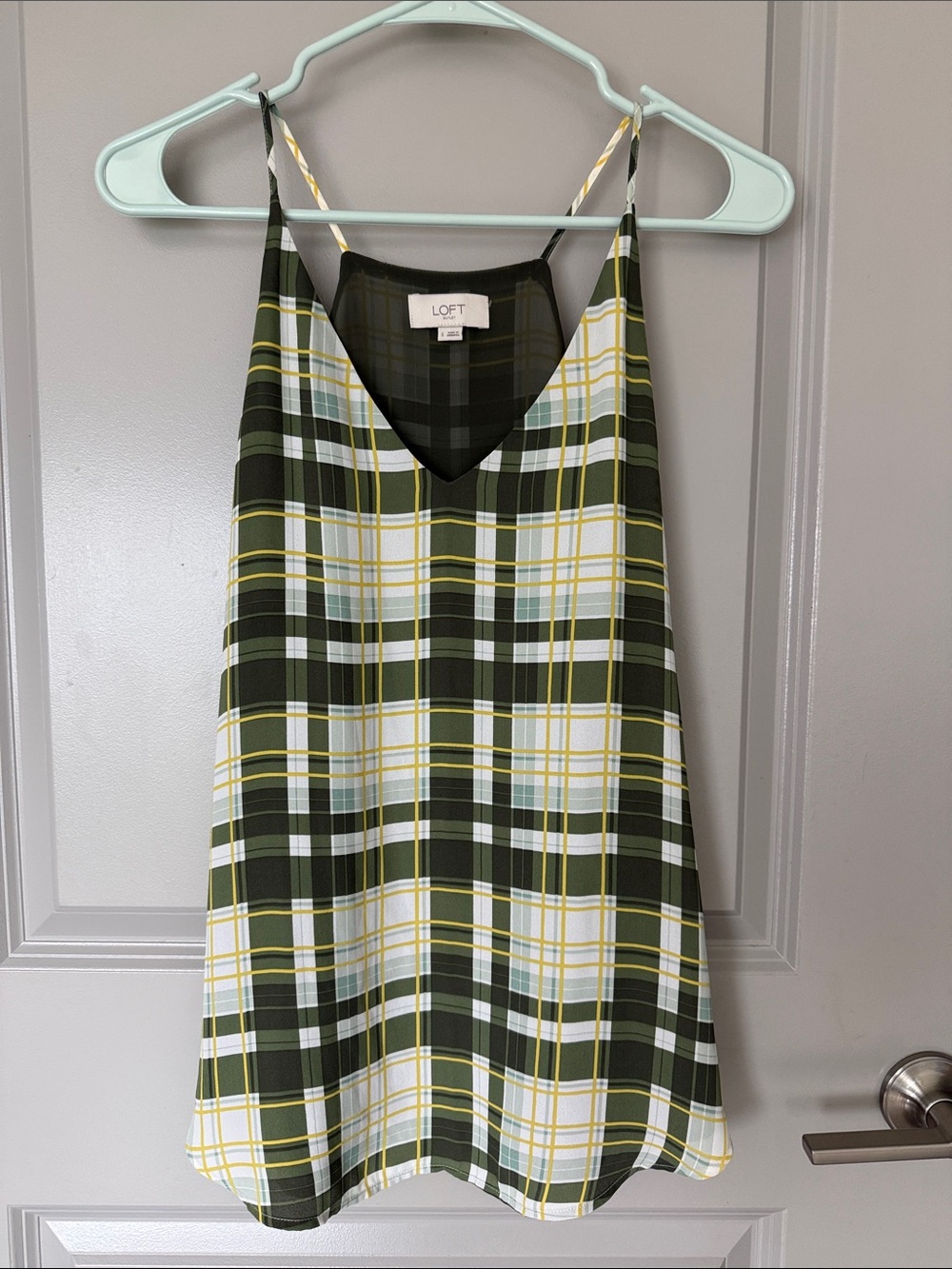LOFT Olive, White & Yellow Plaid V-Neck Spaghetti Strap Tank